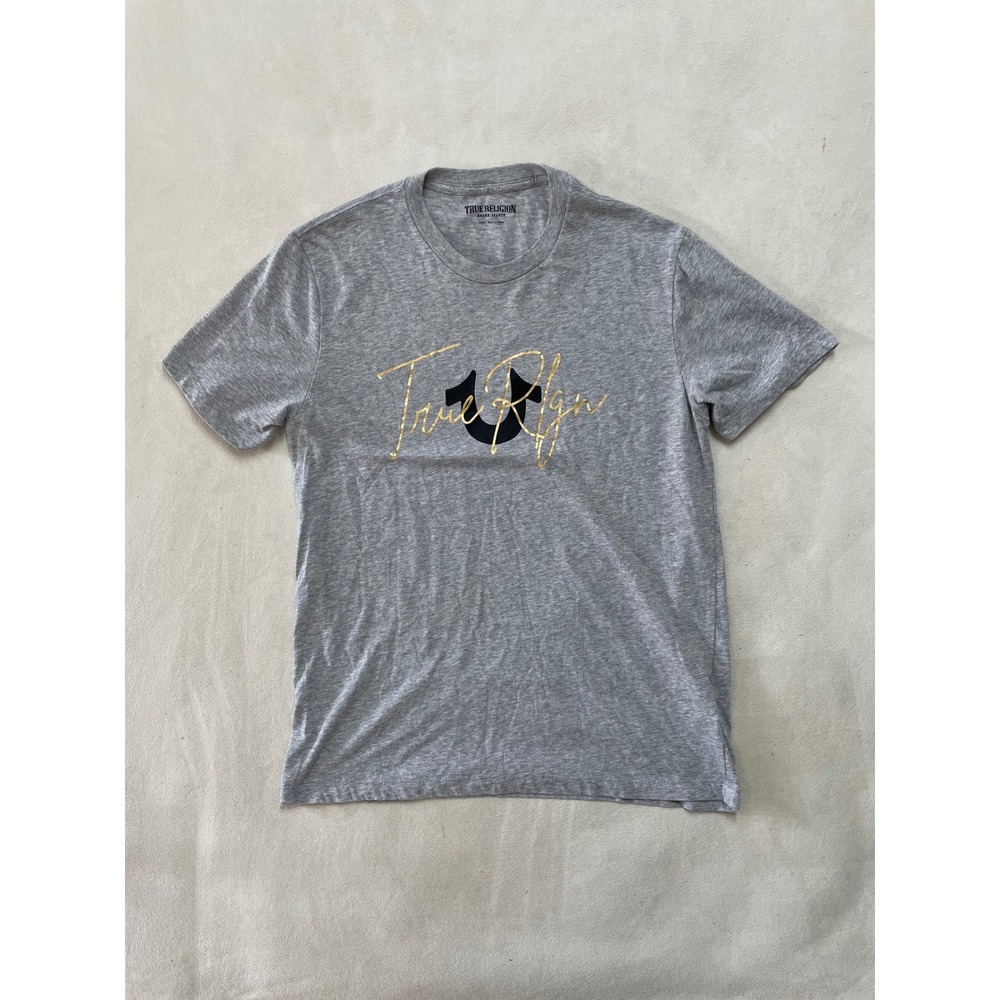 True Religion Mens Heather Gray Gold Script Horseshoe Logo Graphic T-Shirt Large